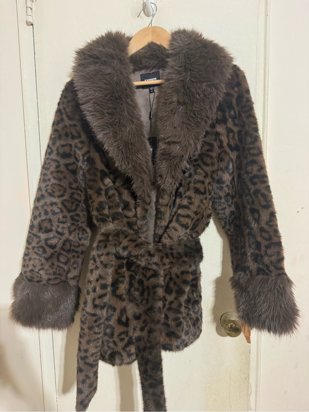 Express Brown Leopard-Print Faux Fur Coat